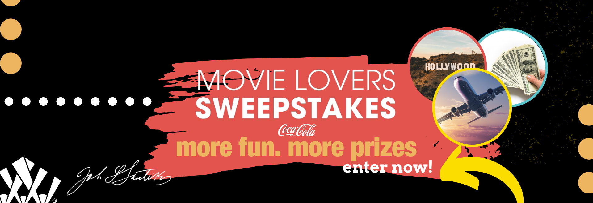 Fun ad for Santikos Entertainment Movie Lovers Sweepstakes featuring images of the grand prize, bold text and logo.